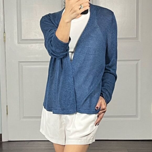 J. Jill Pointelle Linen Blend Open Front Lightweight Blue Cardigan size large - Picture 1 of 6